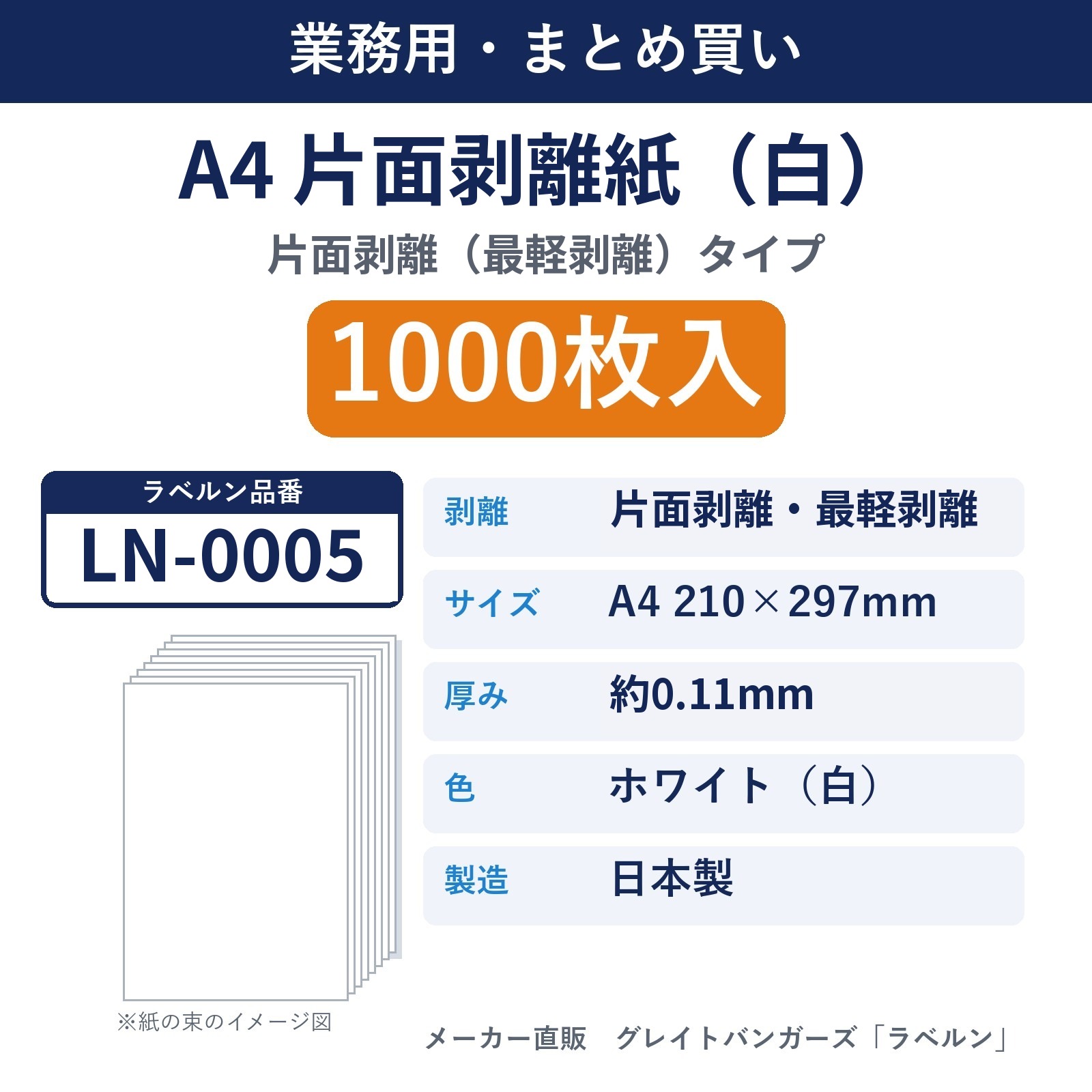 【業務用・まとめ買い】LN-0005 剥離紙専門店 剥離紙 白 A4 片面剥離(最軽剥離)タイプ 厚み約0.11mm 1000枚入 セパレーター 日本製 ラベルン