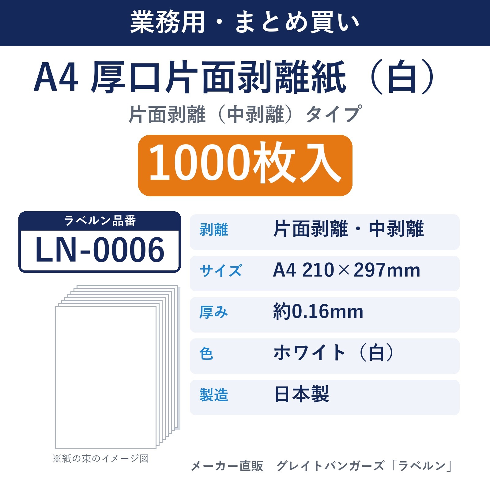 【業務用・まとめ買い】LN-0006 剥離紙専門店 厚口剥離紙 白 A4 片面剥離(中剥離)タイプ 厚み約0.16mm 1000枚入 セパレーター 日本製 ラベルン