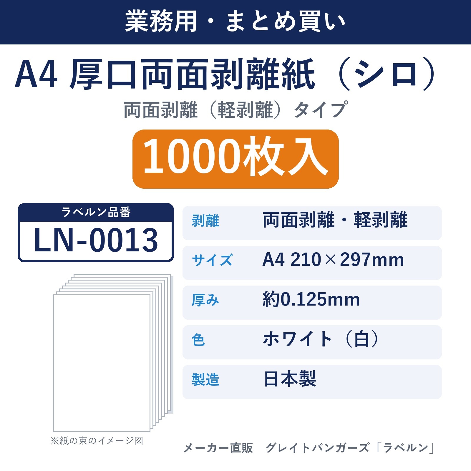 【業務用・まとめ買い】LN-0013 剥離紙専門店 厚口両面剥離紙 シロ A4 両面剥離(軽剥離)タイプ 厚み約0.125mm 1000枚入 セパレーター 日本製 ラベルン